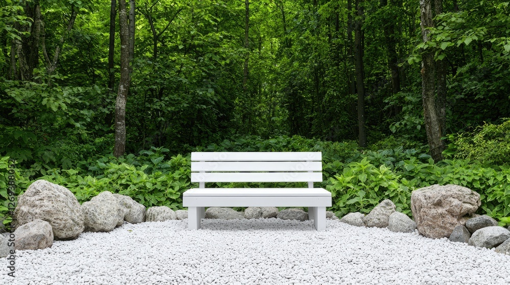 White park bench in a lush green forest. Peaceful scene for relaxation. Possible use Stock photo White park bench in a lush green forest. Peaceful scene for relaxation. Possible use Stock photo