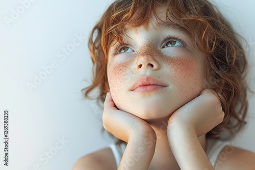 A cute ginger little girl with freckles dreamily looking up, resting her chin on hands, portrait of a child with curly hair against a light background indoors, close up photo