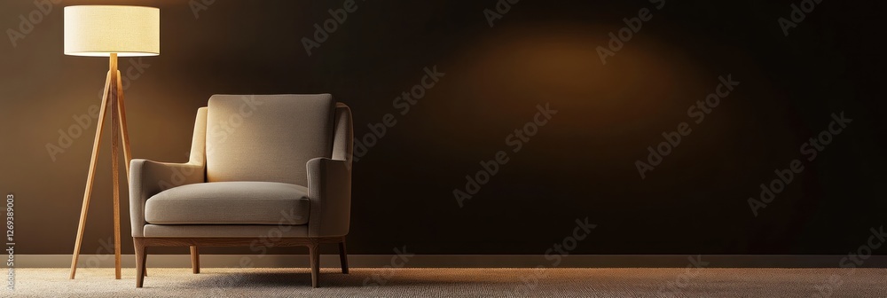 Fototapeta premium Modern armchair and tripod floor lamp in a dark room