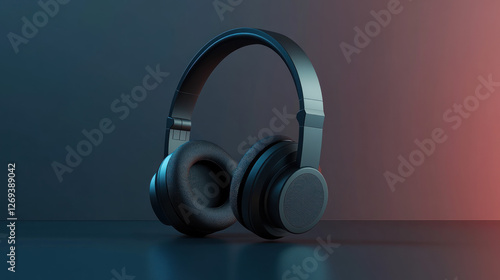 Wireless headphones on dark surface, colorful background, music listening photo