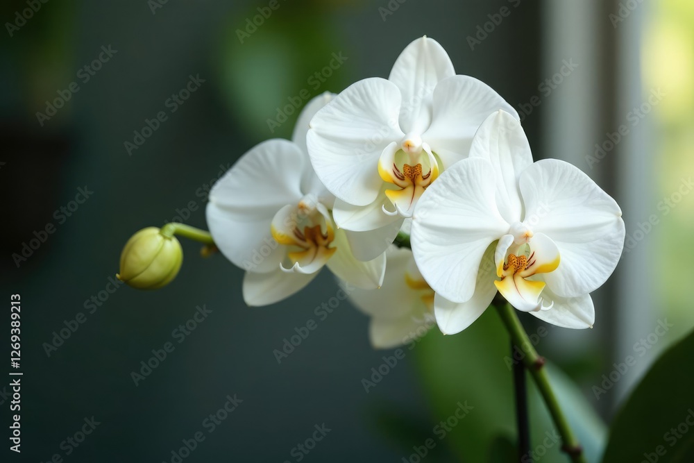 Delicate white Phalaenopsis orchid blooms on a slender stem, botanical, simple Delicate white Phalaenopsis orchid blooms on a slender stem, botanical, simple