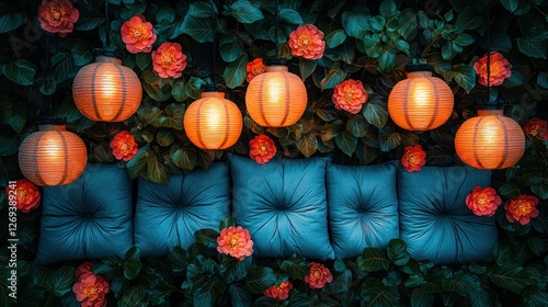 Cozy outdoor patio lanterns, cushions, flowers photo