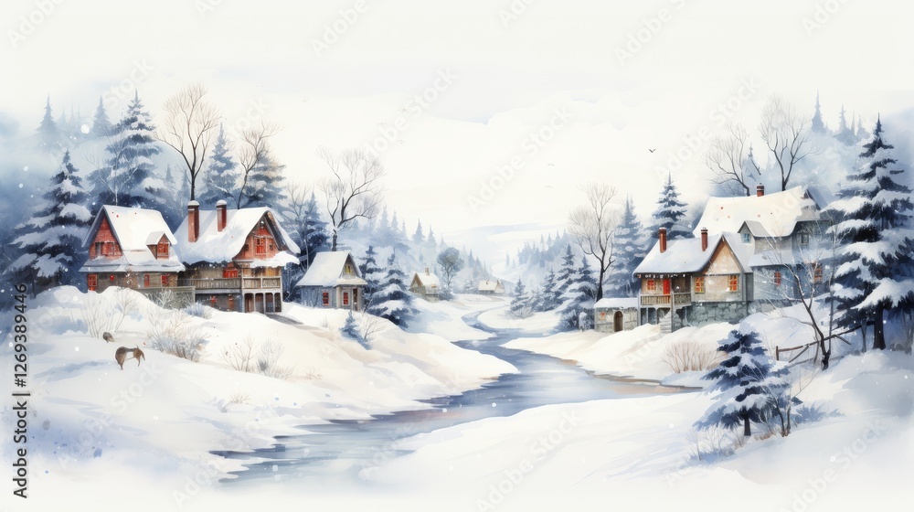 A serene winter landscape featuring charming houses surrounded by snow-covered trees and a gently flowing river. A serene winter landscape featuring charming houses surrounded by snow-covered trees and a gently flowing river.