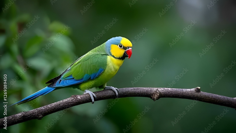Jungle Jewel – A striking parrot with a red beak and vibrant plumage sits on a textured branch, its feathers glowing in diffused light. Jungle Jewel – A striking parrot with a red beak and vibrant plumage sits on a textured branch, its feathers glowing in diffused light.