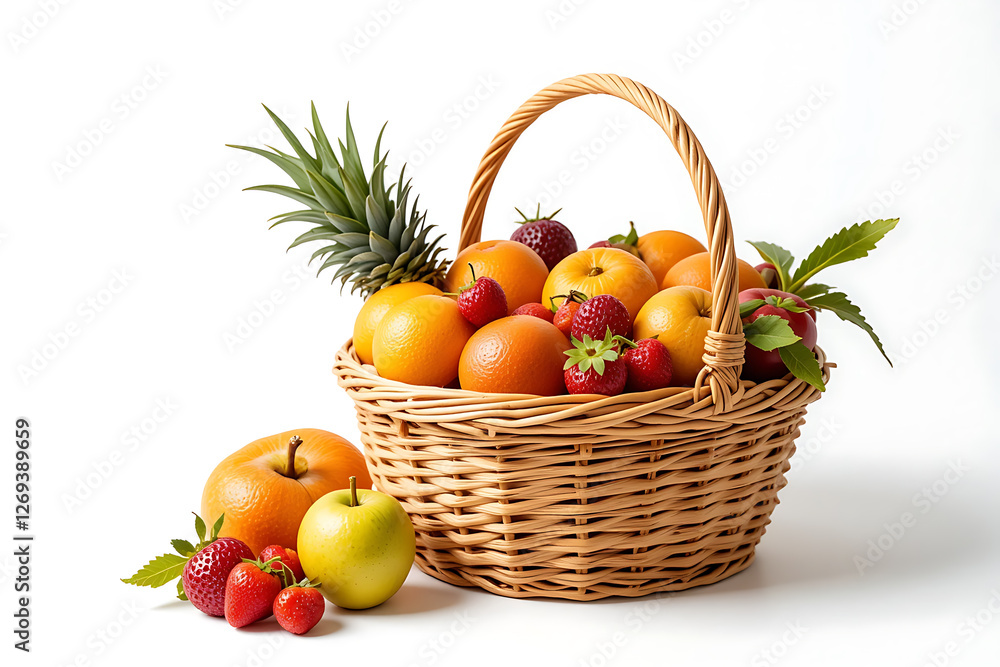 Picnic basket full of fruit On a white background Picnic basket full of fruit On a white background