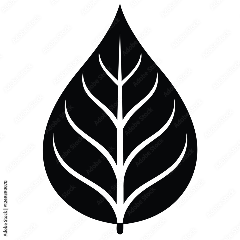 A clean, stylized silhouette of a leaf in black and white. A clean, stylized silhouette of a leaf in black and white.