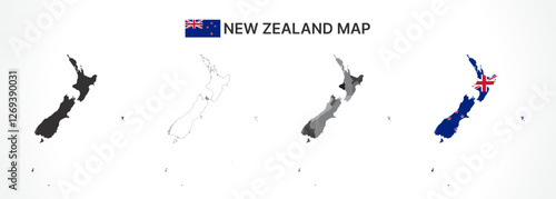 Detailed New Zealand Map Collection with Outline, Silhouette, Regions, and Flag Overlay Variations