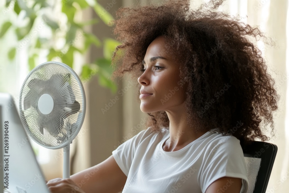 Naklejka premium Woman enjoys fan's breeze while working.