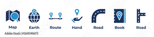 Mapping the Journey Icons set vector illustration with  map, earth, route, hand, road, book, road