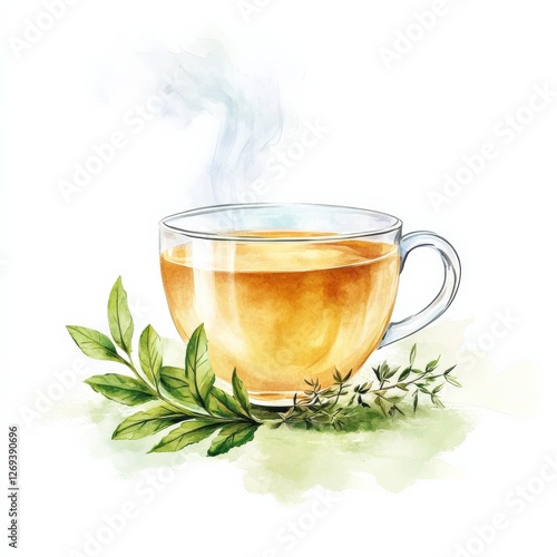 a cup of herbal tea with steam, wellness drink element, soft pastel watercolor, calming tones, isolated on white background photo