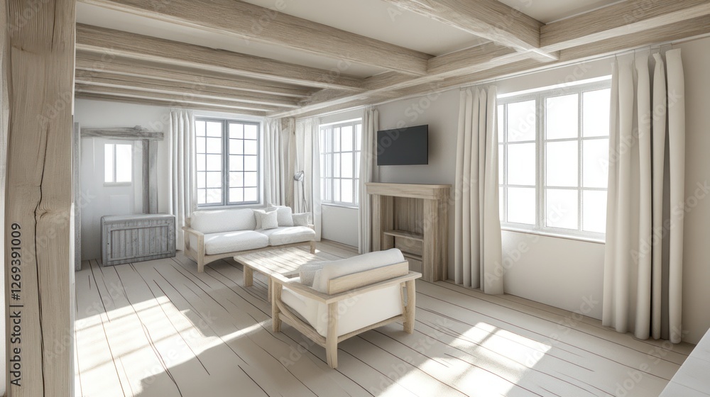 Obraz premium Bright and Spacious Living Room with Exposed Wood Beams and Natural Light
