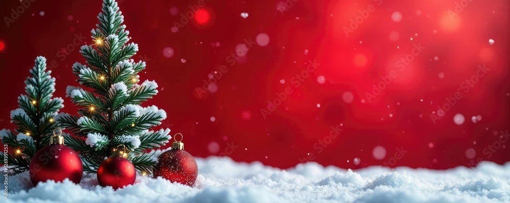 Frosty red background with snow covered evergreen trees and sparkling ornaments, Christmas Tree, Winter Wonderland, Ornaments Frosty red background with snow covered evergreen trees and sparkling ornaments, Christmas Tree, Winter Wonderland, Ornaments