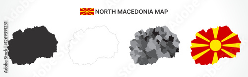 Detailed North Macedonia Map Collection with Outline, Silhouette, Municipalities, and Flag Overlay Variations