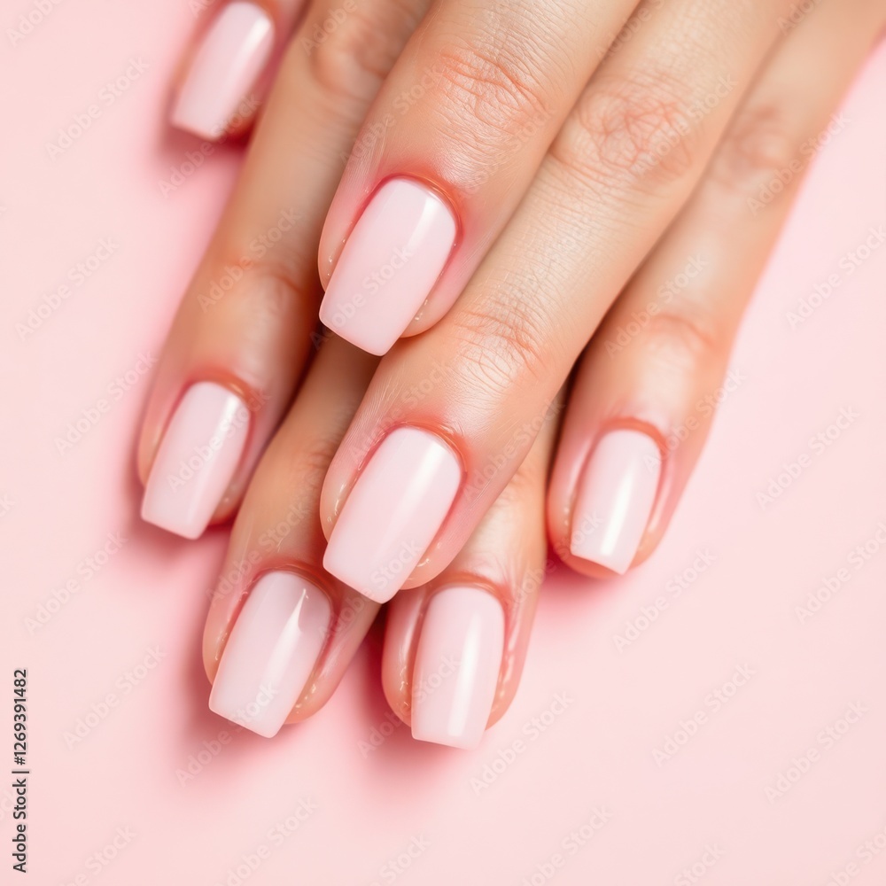 Elegant light pink manicure on hands against a matching pink background showcases beauty and style. Elegant light pink manicure on hands against a matching pink background showcases beauty and style.