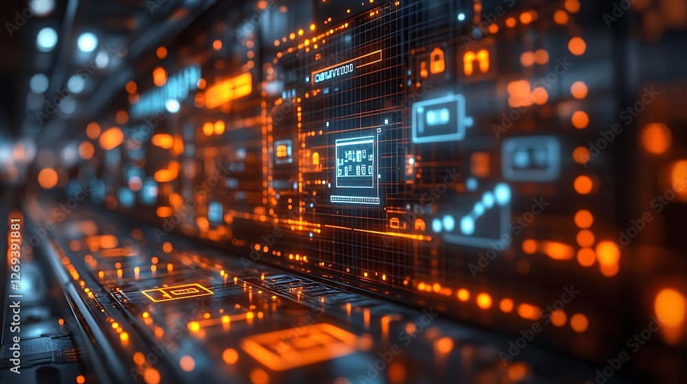 Seamless e commerce process visualized with a glowing digital storefront and supply chain icons Seamless e commerce process visualized with a glowing digital storefront and supply chain icons