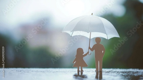 Wallpaper Mural Paper figures of a parent and child under white umbrella in rain Torontodigital.ca