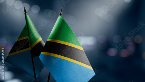 Small flags of the Tanzania on an abstract blurry background