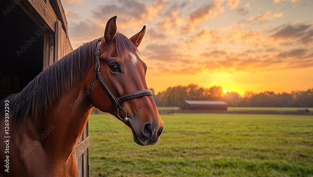 Obraz premium Horse gazing at sunset over pasture. A brown horse stands by a barn, looking out at a vibrant sunset over the green pasture, creating a serene atmosphere.