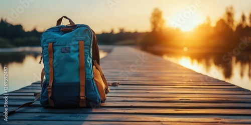 Colorful Backpack on Wooden Dock at Sunset by Calm Water