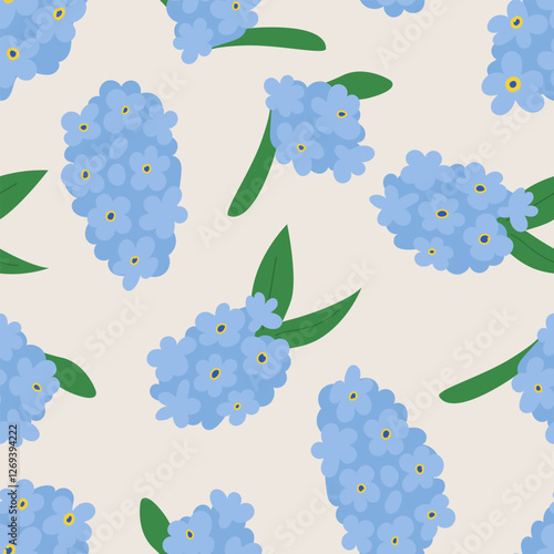 Seamless pattern with blue flowers and leaves. Vector flat background with forget me not flowers buds and petals. Spring botanical illustration