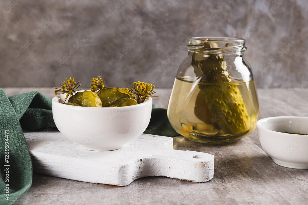 Sliced crispy pickled cucumbers in a bowl and jar on the table Sliced crispy pickled cucumbers in a bowl and jar on the table