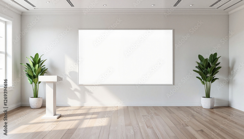 Empty presentation board mockup in a modern room with potted plants and natural light Empty presentation board mockup in a modern room with potted plants and natural light