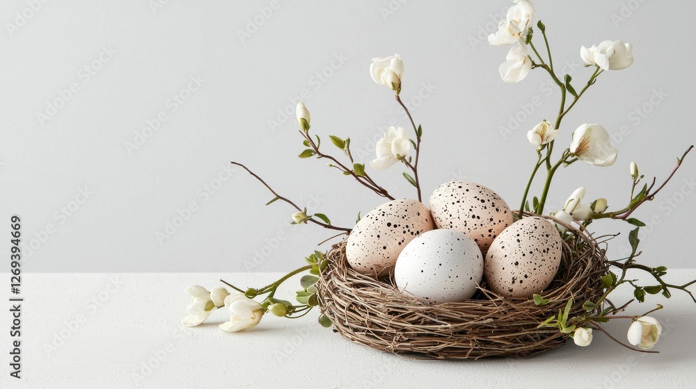 Easter celebration decorative nest with painted eggs springtime charm indoor setting floral touch whimsical aesthetic Easter celebration decorative nest with painted eggs springtime charm indoor setting floral touch whimsical aesthetic