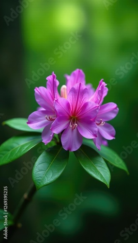 Single purple Rhododendron flower on a branch, greenery, forest, plant