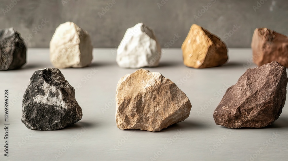 Naklejka premium A collection of colorful stones arranged in a row, showcasing various textures and hues against a neutral background.