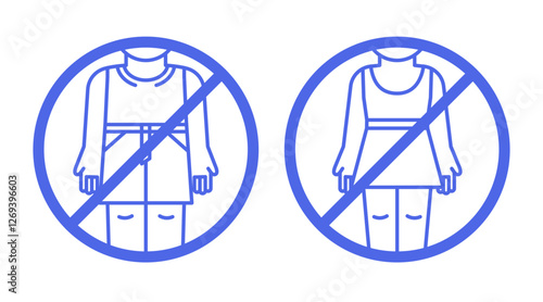 Vector stop signs. Linear icons representing a dress code restriction, prohibiting the wearing of specific clothing items in a particular location or setting. Editable stroke