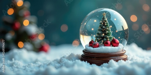 Small snow globe containing a small Christmas tree and ornaments, holiday decoration, snowy background