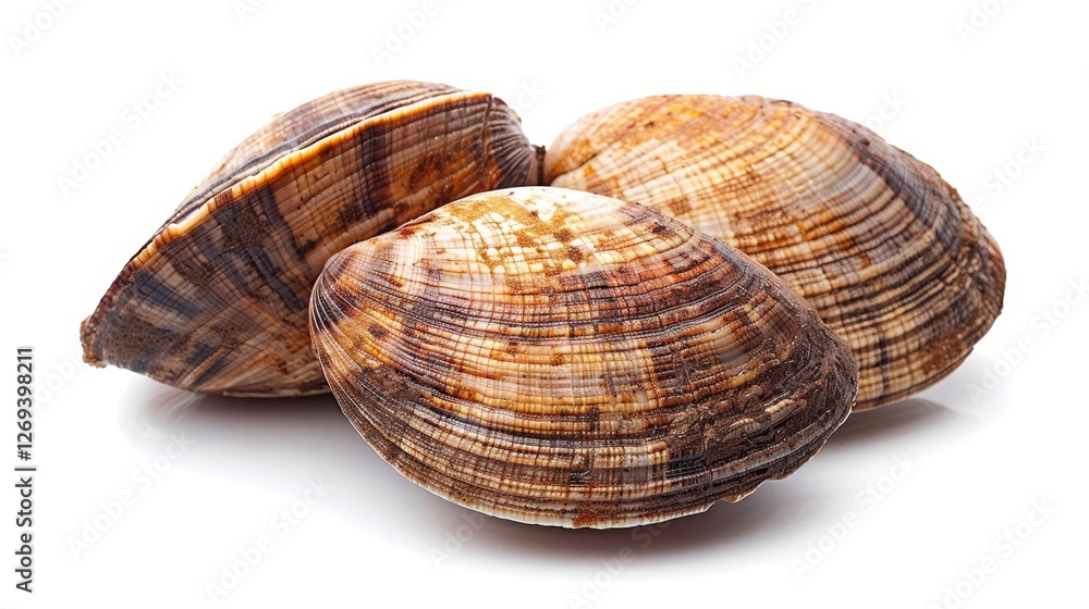 Three beautifully patterned clams stacked together, showcasing their natural colors and textures, perfect for culinary dishes or decorative purposes. Three beautifully patterned clams stacked together, showcasing their natural colors and textures, perfect for culinary dishes or decorative purposes.