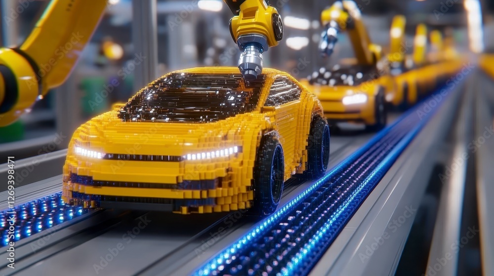 Fototapeta premium A yellow vehicle model moves along an automated assembly line. Robotic arms perform tasks on the conveyor belt, which is illuminated by blue lights