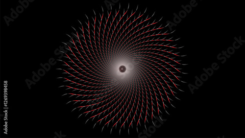 A spiral pattern consisting of red and white curved lines radiating from a black center. This pattern creates an interesting optical illusion because it gives the impression of movement o
