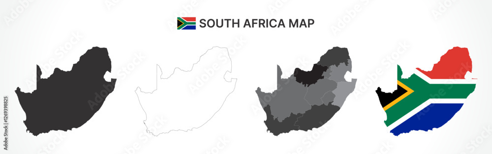 Fototapeta premium Detailed South Africa Map Collection with Outline, Silhouette, Provinces, and Flag Overlay Variations