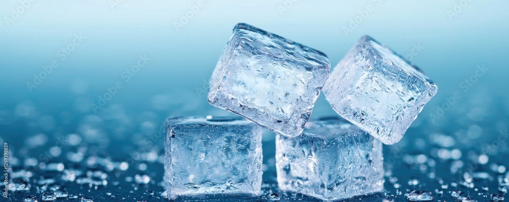 Clear ice cubes sit atop a reflective surface, glistening against a soft blue background, creating a cool and refreshing ambiance. Clear ice cubes sit atop a reflective surface, glistening against a soft blue background, creating a cool and refreshing ambiance.
