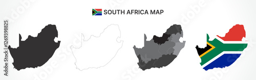 Detailed South Africa Map Collection with Outline, Silhouette, Provinces, and Flag Overlay Variations