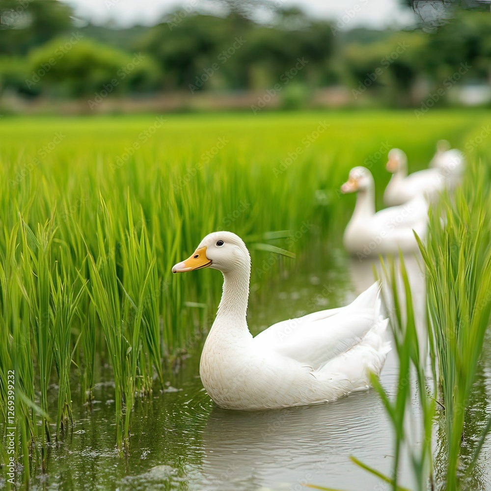 Obraz premium A serene scene of white ducks swimming through lush green rice paddies under a bright sky.