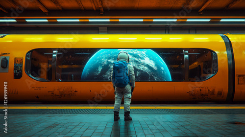 Man in a white and red spacesuit stands in a futuristic corridor with views of Earth, highlighting the wonder of space exploration photo