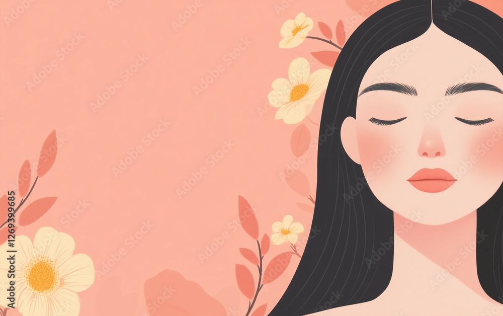 Elegant digital illustration of a peaceful woman with closed eyes on floral background Elegant digital illustration of a peaceful woman with closed eyes on floral background