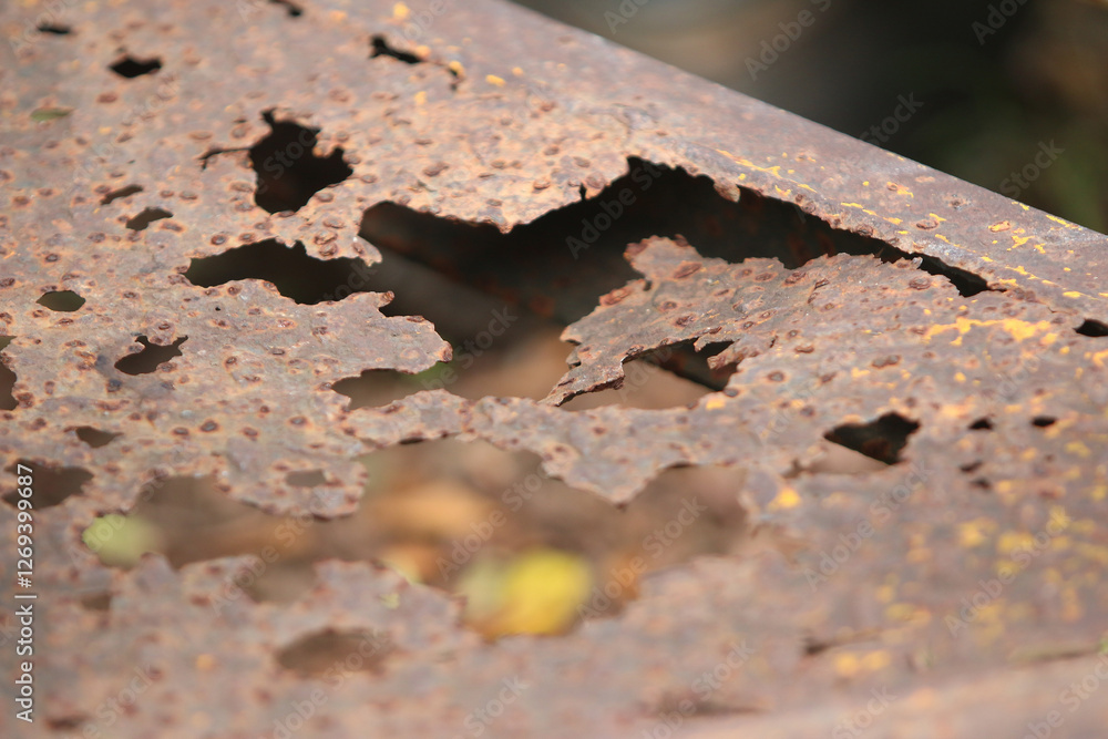 Rusty Metal Texture: Close-up view of severely rusted metal with holes and pitting, showcasing texture and decay. The image evokes feelings of age, neglect, and the passage of time. Rusty Metal Texture: Close-up view of severely rusted metal with holes and pitting, showcasing texture and decay. The image evokes feelings of age, neglect, and the passage of time.