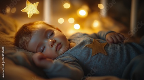Sweet sleeping baby under warm lights with a golden star decoration
