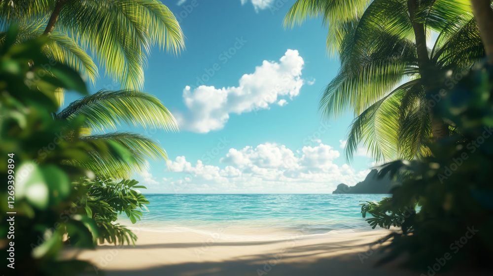 Obraz premium Tranquil Tropical Paradise with Palm Trees and Calm Ocean View