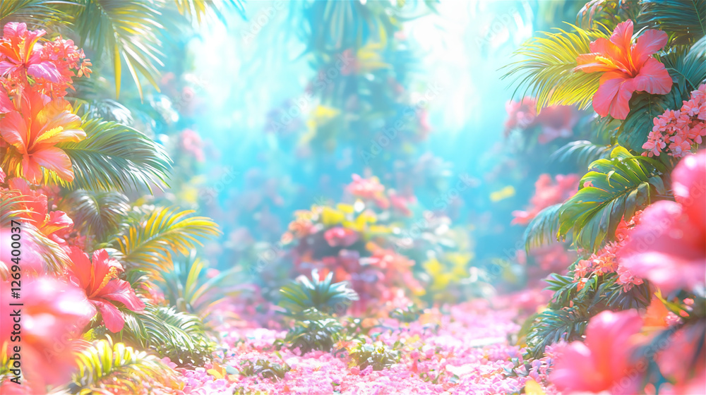 Obraz premium カラフルな花々と緑に囲まれた幻想的なジャングルの景色。generative ai