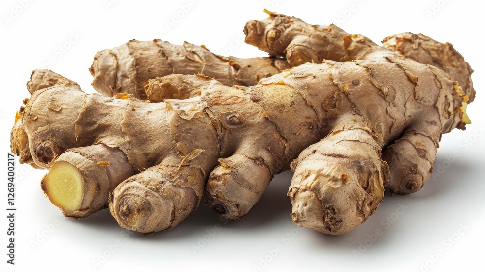 Fresh ginger root with a rough, beige exterior, showcasing its knobby texture and vibrant yellow interior, commonly used in cooking and herbal remedies. Fresh ginger root with a rough, beige exterior, showcasing its knobby texture and vibrant yellow interior, commonly used in cooking and herbal remedies.