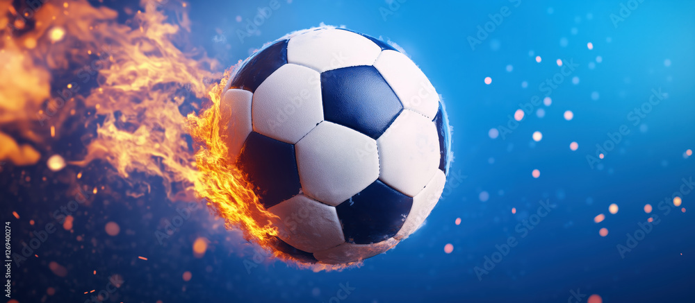 Fototapeta premium Flaming Soccer Ball in Motion with Exciting Blue Background