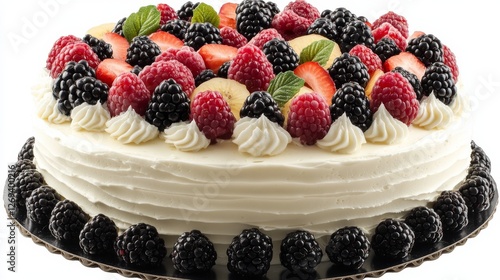 Delicious cake topped with fresh berries and cream ready for celebration at a...