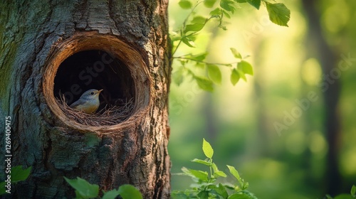 Bird nesting in tree trunk hole surrounded by green leaves during soft mornin...