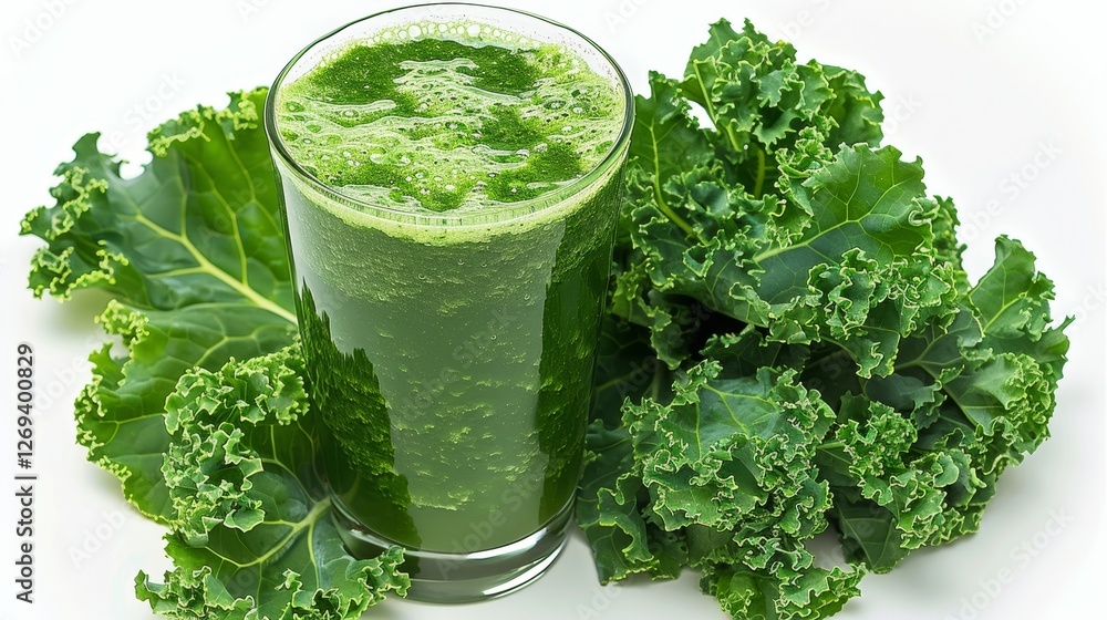 A refreshing green smoothie made with kale, served in a glass and surrounded by fresh kale leaves. A refreshing green smoothie made with kale, served in a glass and surrounded by fresh kale leaves.