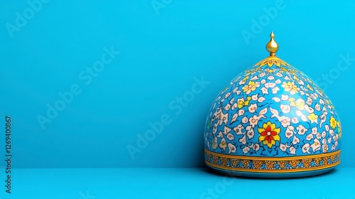 Wallpaper Mural Blue and gold dome with floral pattern against a light blue background. 3D rendered image with intricate details and a minimalist setting. The dome's Torontodigital.ca